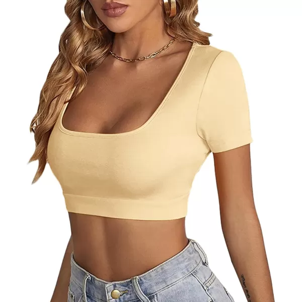 LYANER Women's Square Neck Tops Short Sleeve Crop Tops Basic Tee Slim Fit Workout Shirts