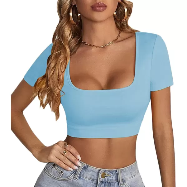 LYANER Women's Square Neck Tops Short Sleeve Crop Tops Basic Tee Slim Fit Workout Shirts