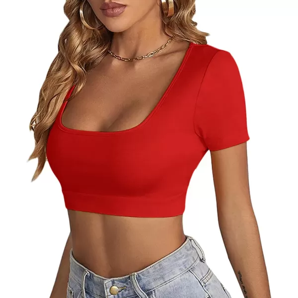 LYANER Women's Square Neck Tops Short Sleeve Crop Tops Basic Tee Slim Fit Workout Shirts