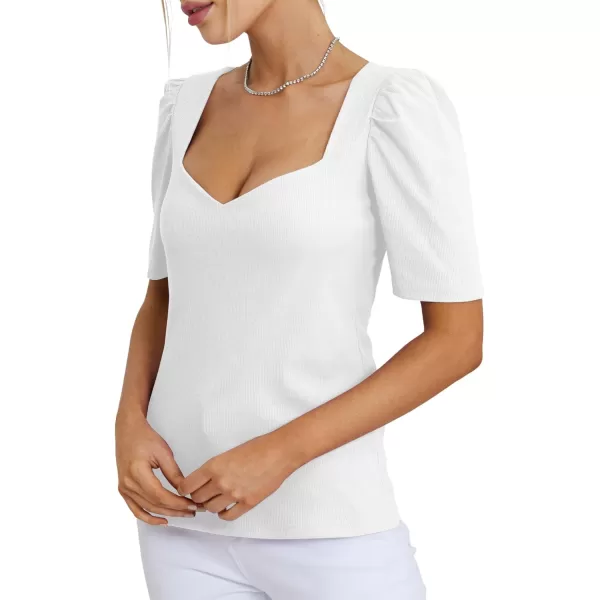 LYANER Women's Square V Neck Puff Short Sleeve Knit Summer Elegant T-Shirt Tops