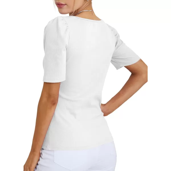 LYANER Women's Square V Neck Puff Short Sleeve Knit Summer Elegant T-Shirt Tops