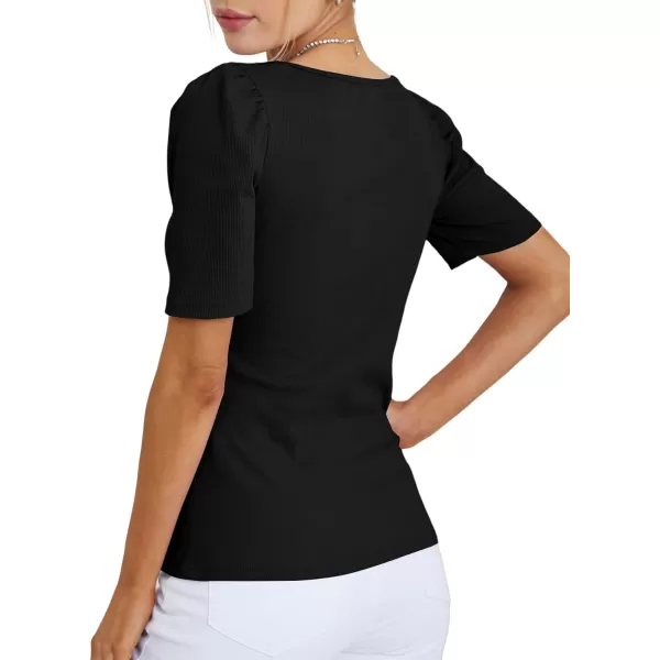 LYANER Women's Square V Neck Puff Short Sleeve Knit Summer Elegant T-Shirt Tops
