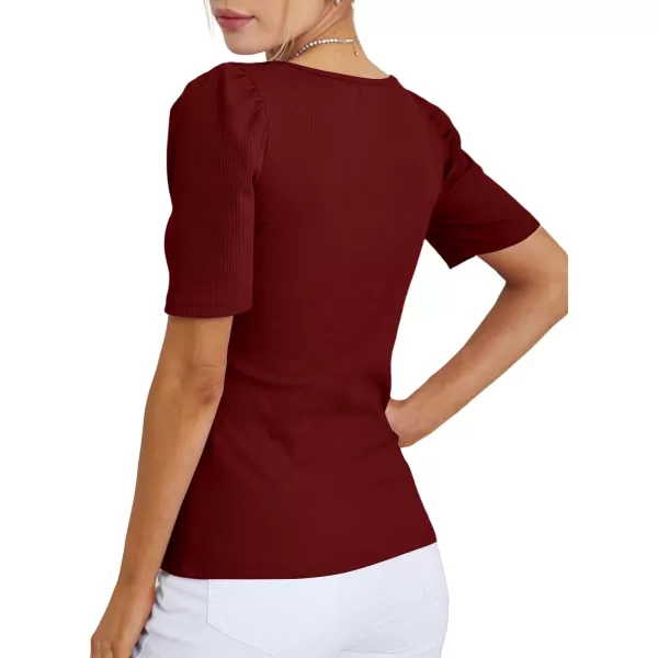 LYANER Women's Square V Neck Puff Short Sleeve Knit Summer Elegant T-Shirt Tops