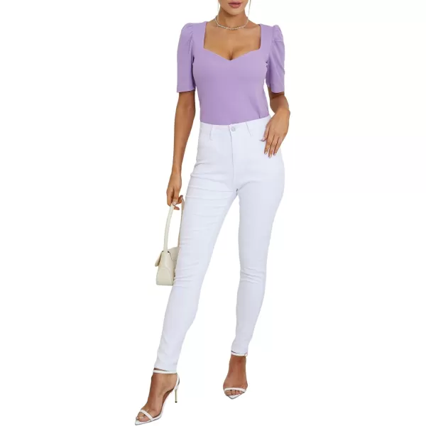 LYANER Women's Square V Neck Puff Short Sleeve Knit Summer Elegant T-Shirt Tops