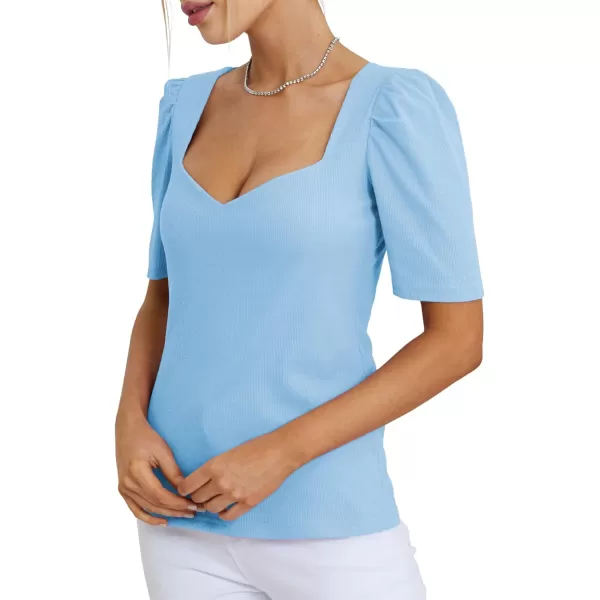 LYANER Women's Square V Neck Puff Short Sleeve Knit Summer Elegant T-Shirt Tops