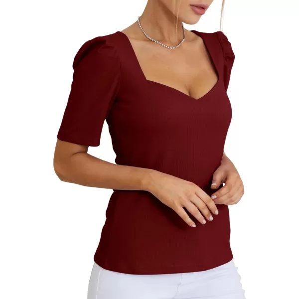 LYANER Women's Square V Neck Puff Short Sleeve Knit Summer Elegant T-Shirt Tops