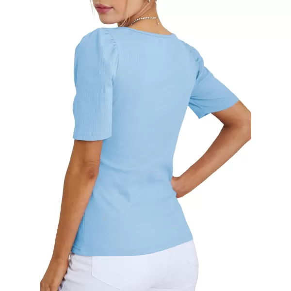 LYANER Women's Square V Neck Puff Short Sleeve Knit Summer Elegant T-Shirt Tops