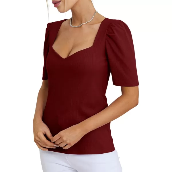 LYANER Women's Square V Neck Puff Short Sleeve Knit Summer Elegant T-Shirt Tops