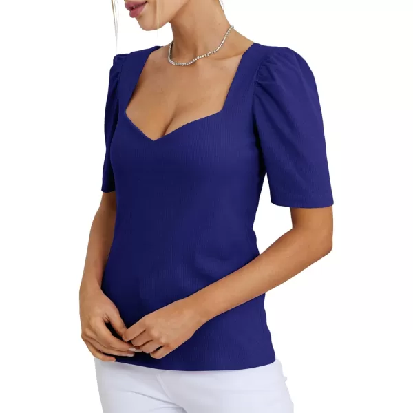 LYANER Women's Square V Neck Puff Short Sleeve Knit Summer Elegant T-Shirt Tops
