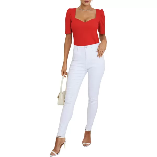 LYANER Women's Square V Neck Puff Short Sleeve Knit Summer Elegant T-Shirt Tops