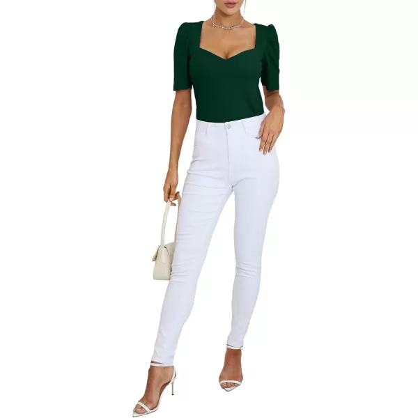 LYANER Women's Square V Neck Puff Short Sleeve Knit Summer Elegant T-Shirt Tops