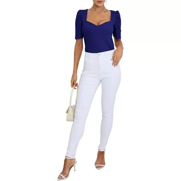 LYANER Women's Square V Neck Puff Short Sleeve Knit Summer Elegant T-Shirt Tops