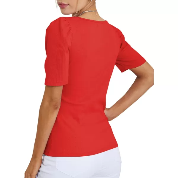 LYANER Women's Square V Neck Puff Short Sleeve Knit Summer Elegant T-Shirt Tops