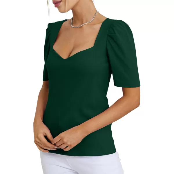 LYANER Women's Square V Neck Puff Short Sleeve Knit Summer Elegant T-Shirt Tops