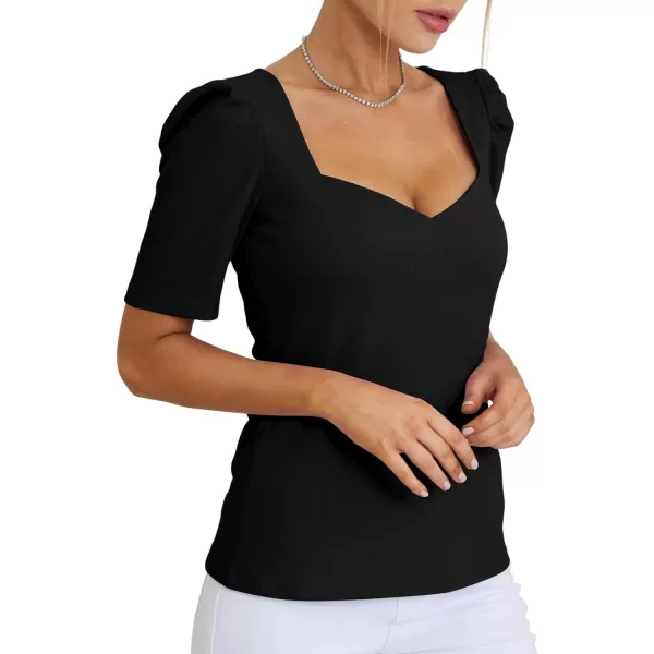 LYANER Women's Square V Neck Puff Short Sleeve Knit Summer Elegant T-Shirt Tops