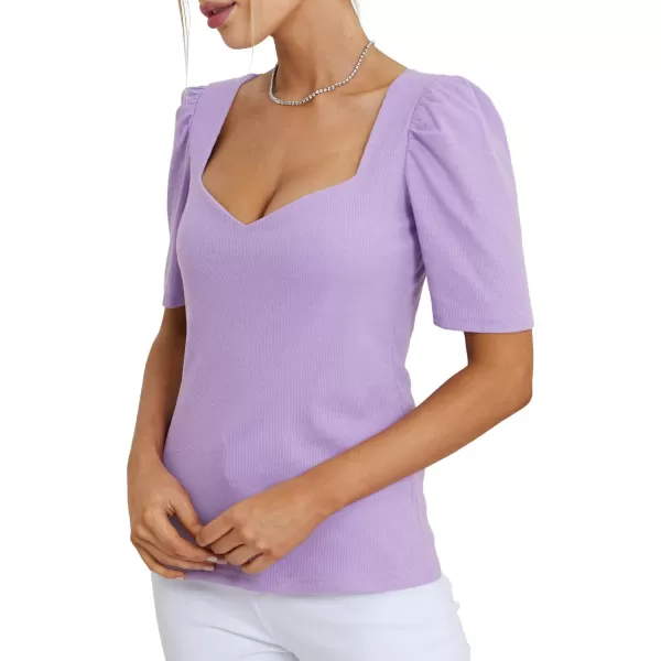 LYANER Women's Square V Neck Puff Short Sleeve Knit Summer Elegant T-Shirt Tops