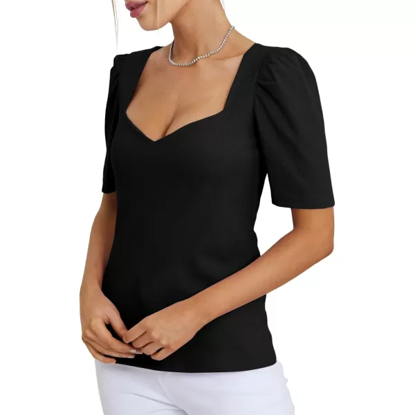 LYANER Women's Square V Neck Puff Short Sleeve Knit Summer Elegant T-Shirt Tops