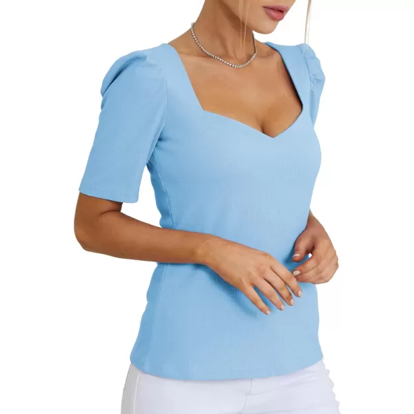 LYANER Women's Square V Neck Puff Short Sleeve Knit Summer Elegant T-Shirt Tops
