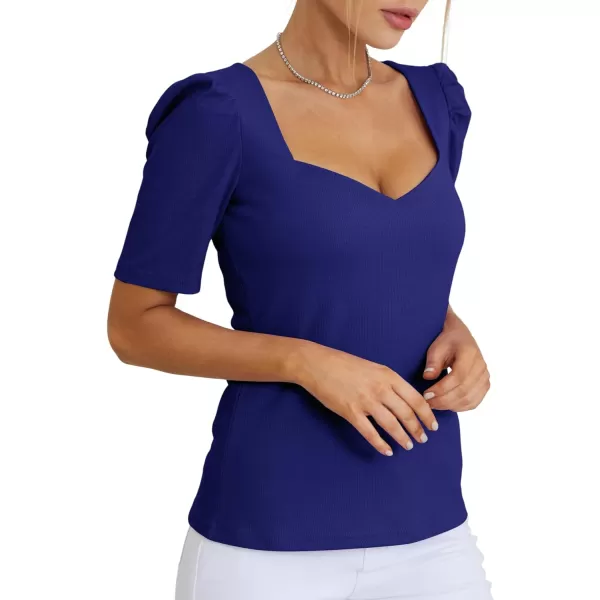 LYANER Women's Square V Neck Puff Short Sleeve Knit Summer Elegant T-Shirt Tops