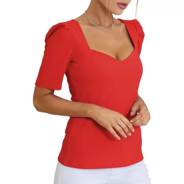 LYANER Women's Square V Neck Puff Short Sleeve Knit Summer Elegant T-Shirt Tops