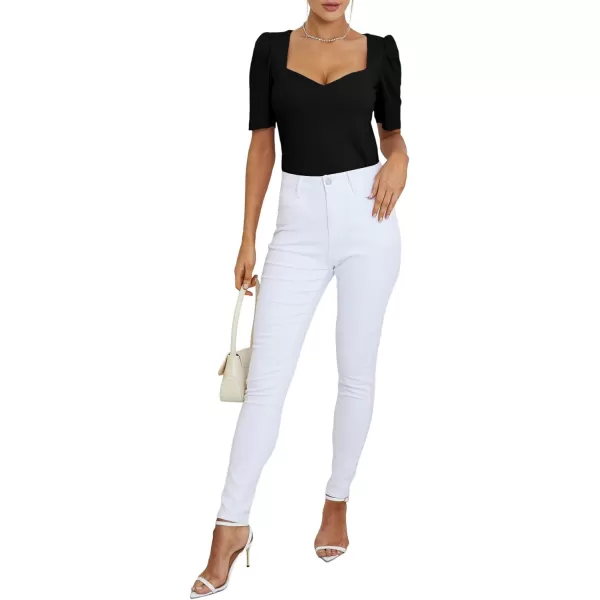 LYANER Women's Square V Neck Puff Short Sleeve Knit Summer Elegant T-Shirt Tops