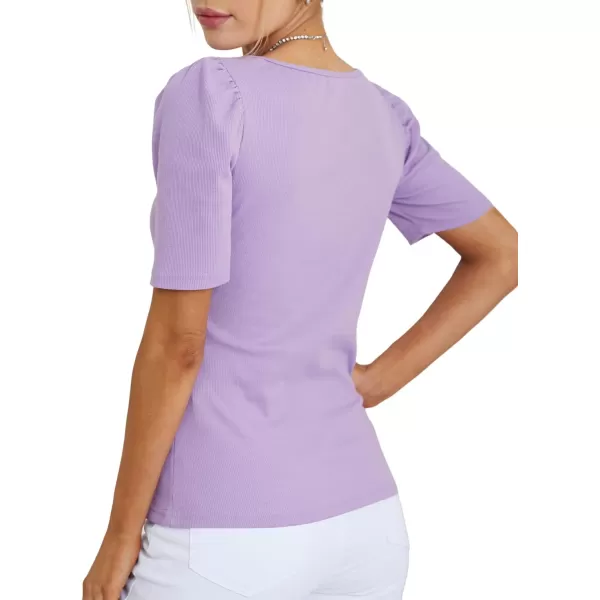 LYANER Women's Square V Neck Puff Short Sleeve Knit Summer Elegant T-Shirt Tops