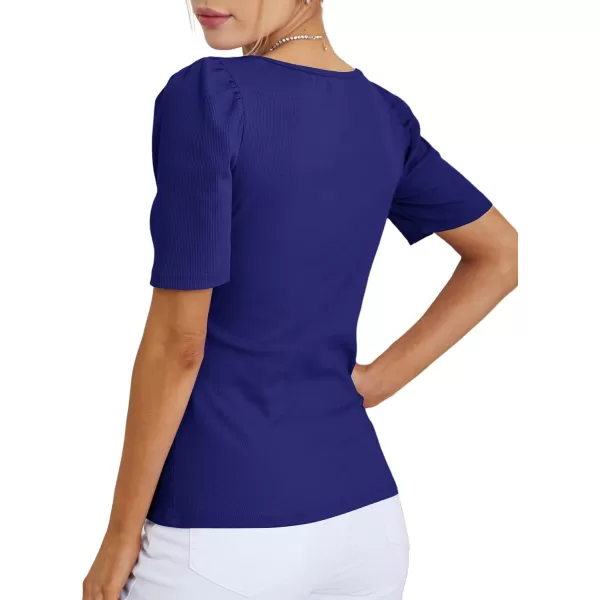 LYANER Women's Square V Neck Puff Short Sleeve Knit Summer Elegant T-Shirt Tops