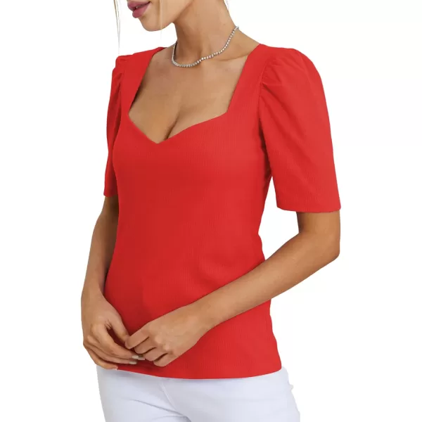 LYANER Women's Square V Neck Puff Short Sleeve Knit Summer Elegant T-Shirt Tops