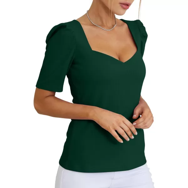 LYANER Women's Square V Neck Puff Short Sleeve Knit Summer Elegant T-Shirt Tops