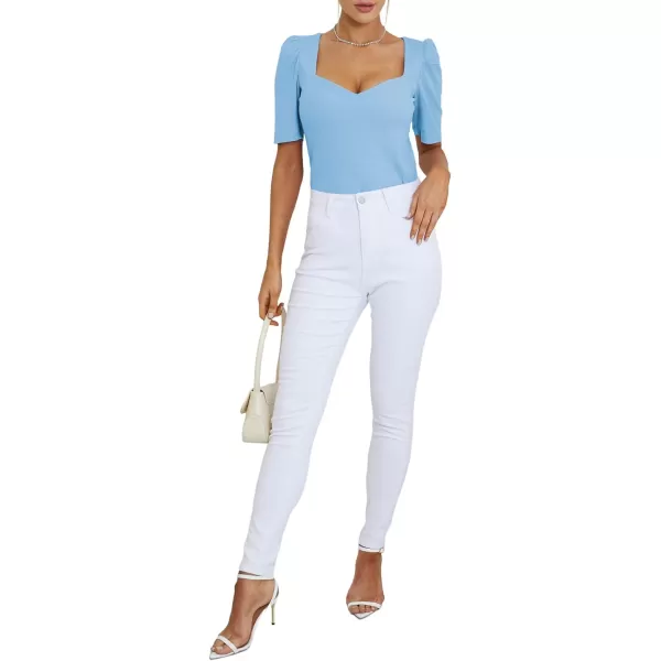 LYANER Women's Square V Neck Puff Short Sleeve Knit Summer Elegant T-Shirt Tops