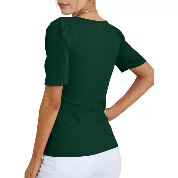LYANER Women's Square V Neck Puff Short Sleeve Knit Summer Elegant T-Shirt Tops