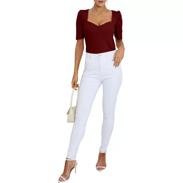 LYANER Women's Square V Neck Puff Short Sleeve Knit Summer Elegant T-Shirt Tops