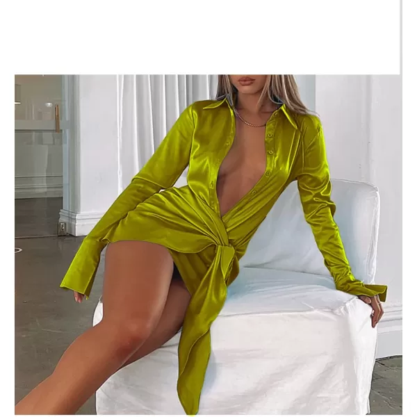 LYANER Women's Stain Deep V Neck Button Down Tie Front Long Sleeve Mini Short Dress