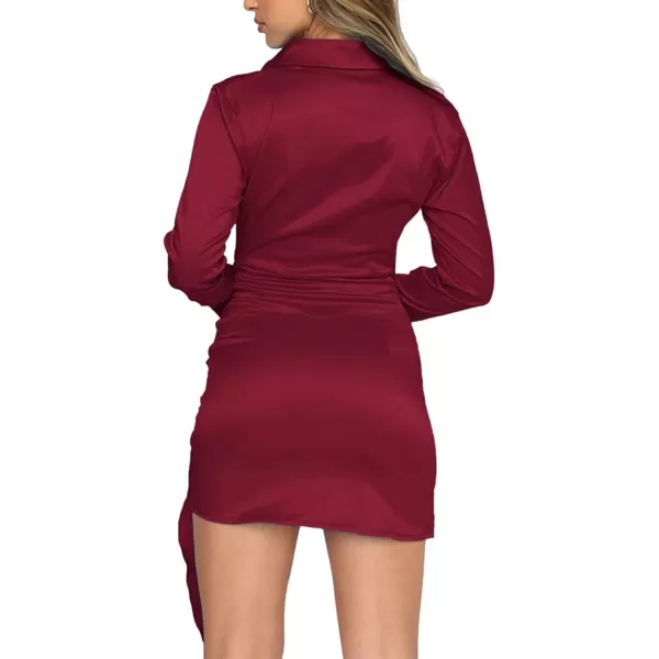 LYANER Women's Stain Deep V Neck Button Down Tie Front Long Sleeve Mini Short Dress