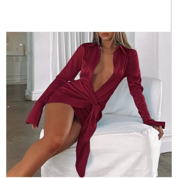 LYANER Women's Stain Deep V Neck Button Down Tie Front Long Sleeve Mini Short Dress