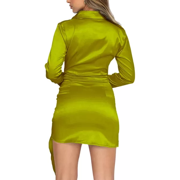 LYANER Women's Stain Deep V Neck Button Down Tie Front Long Sleeve Mini Short Dress