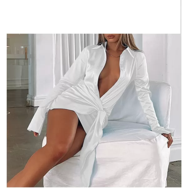 LYANER Women's Stain Deep V Neck Button Down Tie Front Long Sleeve Mini Short Dress