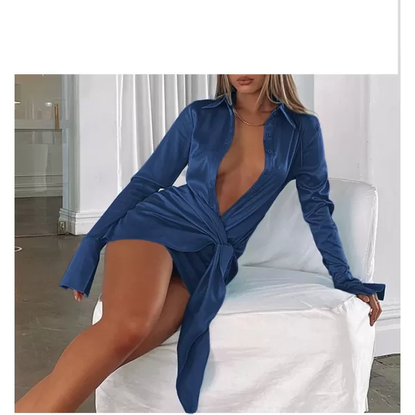 LYANER Women's Stain Deep V Neck Button Down Tie Front Long Sleeve Mini Short Dress
