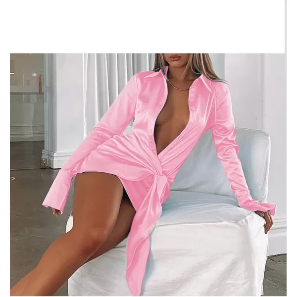 LYANER Women's Stain Deep V Neck Button Down Tie Front Long Sleeve Mini Short Dress