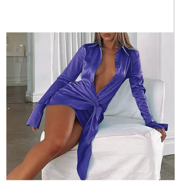 LYANER Women's Stain Deep V Neck Button Down Tie Front Long Sleeve Mini Short Dress