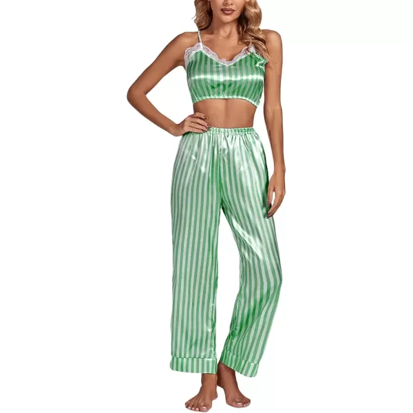 LYANER Women's Striped Satin Silky Pajamas Set Cami Long Sleeve Shirt With Pants 3Pcs Lounge Sleepwear