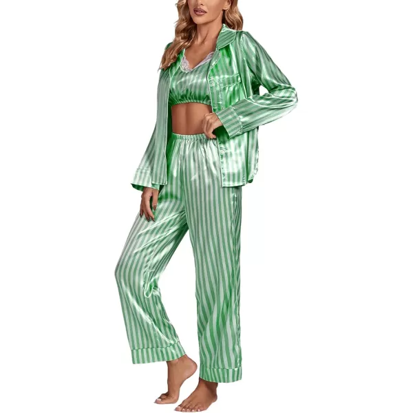 LYANER Women's Striped Satin Silky Pajamas Set Cami Long Sleeve Shirt With Pants 3Pcs Lounge Sleepwear