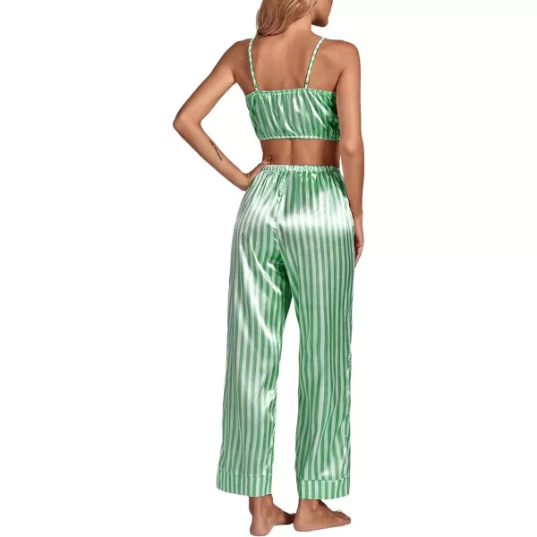 LYANER Women's Striped Satin Silky Pajamas Set Cami Long Sleeve Shirt With Pants 3Pcs Lounge Sleepwear