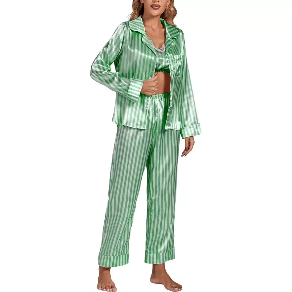 LYANER Women's Striped Satin Silky Pajamas Set Cami Long Sleeve Shirt With Pants 3Pcs Lounge Sleepwear