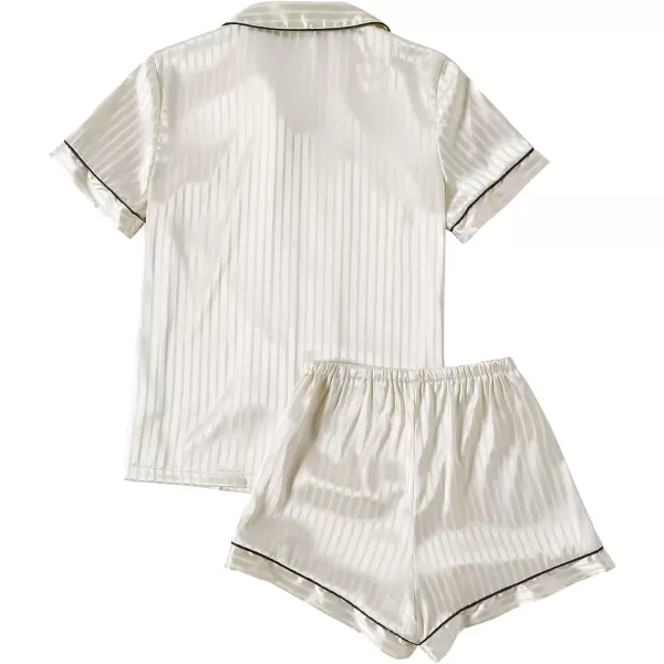LYANER Women's Striped Silky Satin Pajamas Short Sleeve Top with Shorts Sleepwear PJ Set