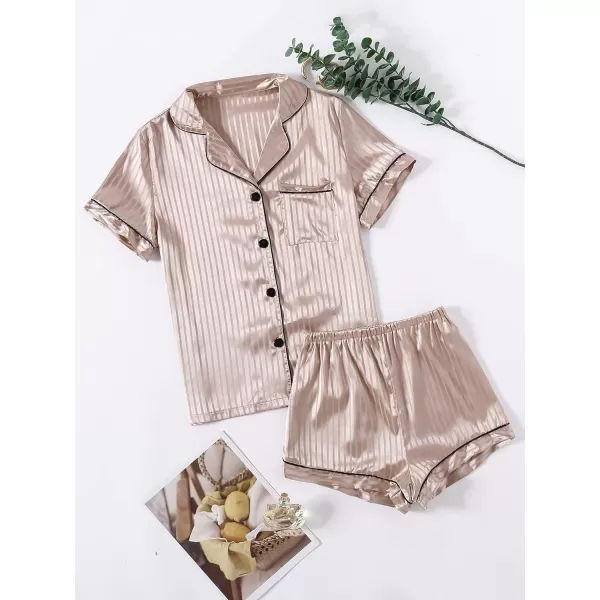 LYANER Women's Striped Silky Satin Pajamas Short Sleeve Top with Shorts Sleepwear PJ Set