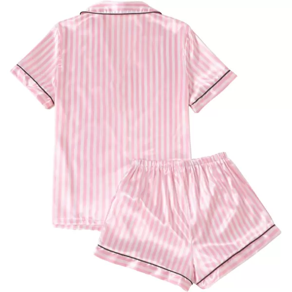 LYANER Women's Striped Silky Satin Pajamas Short Sleeve Top with Shorts Sleepwear PJ Set