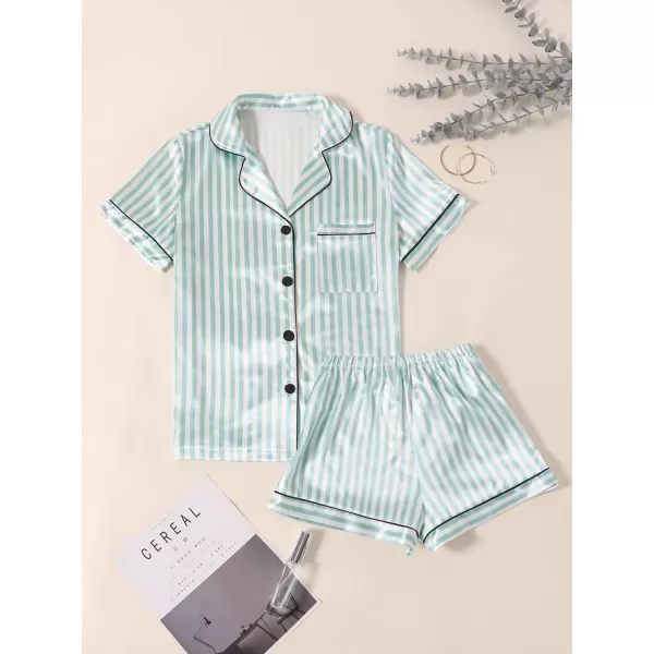 LYANER Women's Striped Silky Satin Pajamas Short Sleeve Top with Shorts Sleepwear PJ Set