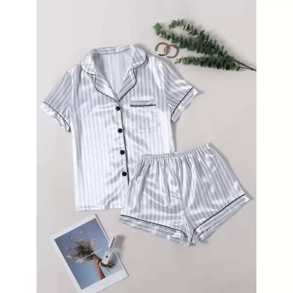 LYANER Women's Striped Silky Satin Pajamas Short Sleeve Top with Shorts Sleepwear PJ Set