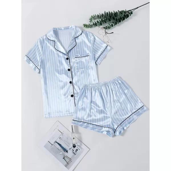LYANER Women's Striped Silky Satin Pajamas Short Sleeve Top with Shorts Sleepwear PJ Set
